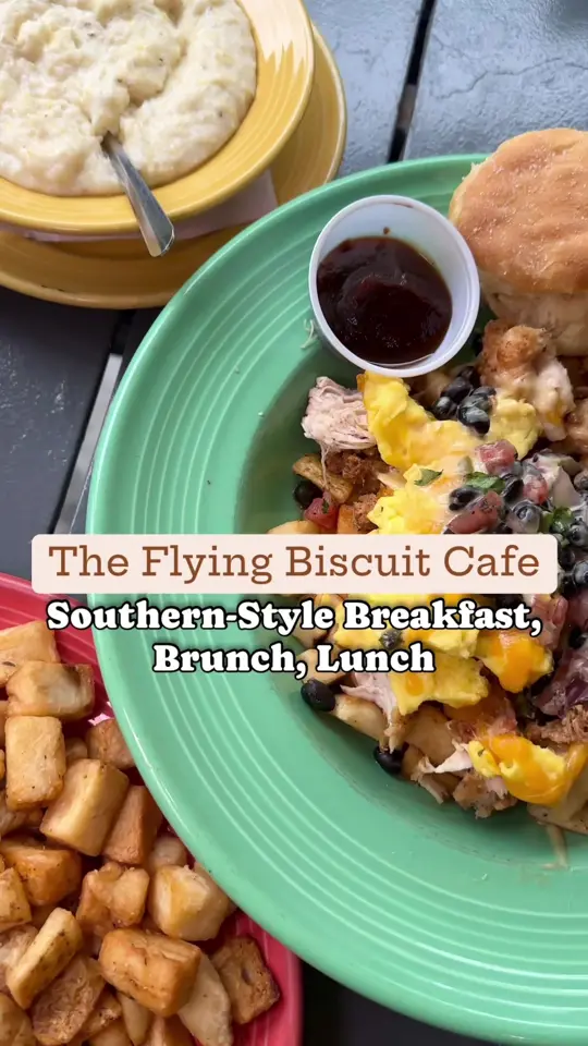 The Flying Biscuit Cafe in Athens showing review, april spring chicken scramble, video by servinglooksatl on TikTok