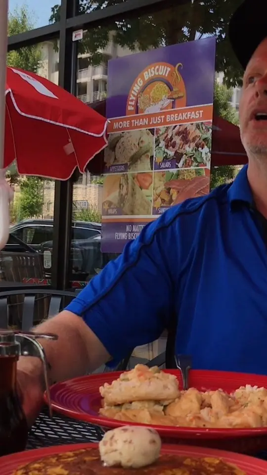 The Flying Biscuit Cafe in Brookhaven showing review, chef interview, biscuit, video by Atlanta Eats on Facebook