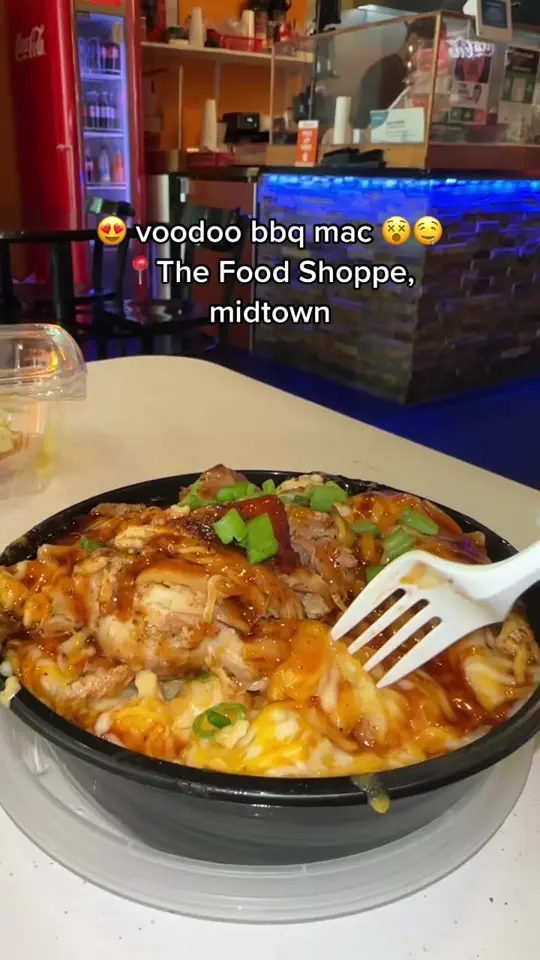 The Food Shoppe in Atlanta showing food, bbq chicken, voodoo mac & cheese, video by fireofwater on TikTok