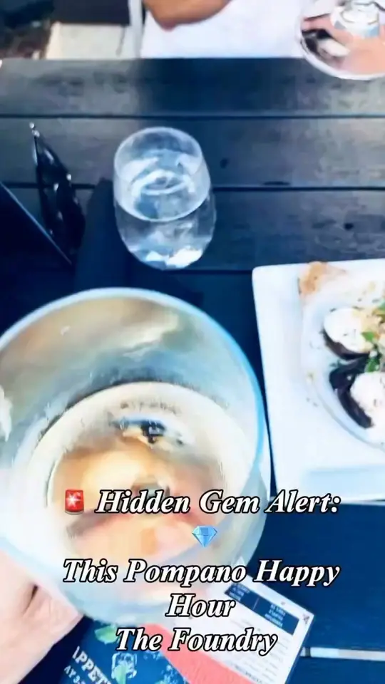 The Foundry in Pompano Beach showing happy hour, coconut shrimp, stuffed mushrooms with whipped ricotta, brownie with vanilla ice cream, service, video by Debbie Gahan-Altman on Facebook