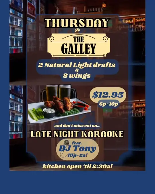 The Galley in St. Petersburg showing event, wings and natural light special, karaoke, video by The Galley on Facebook