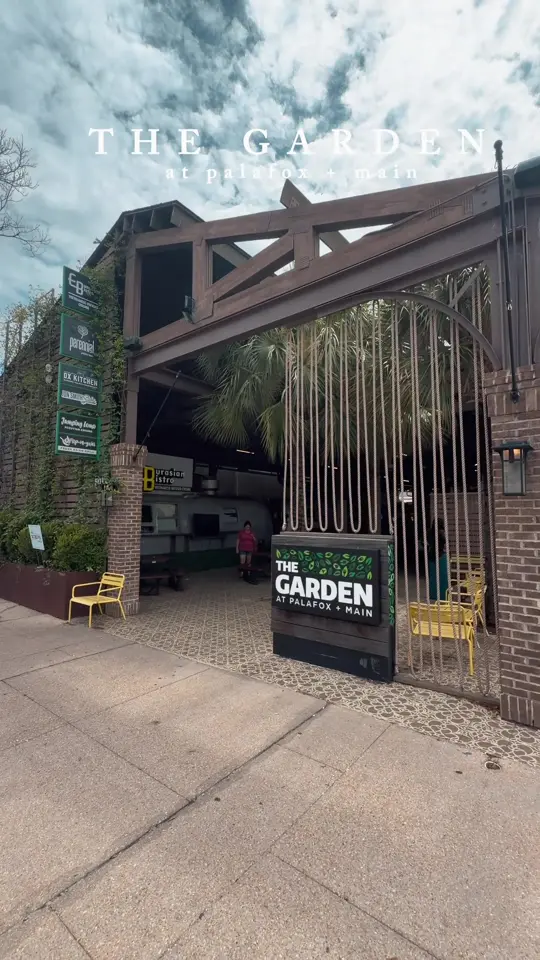 The Garden at Palafox + Main in Pensacola showing restaurant visit, casual lunch, chicken quesadilla, food review, xiscali taqueria, video by localonthecoast on TikTok