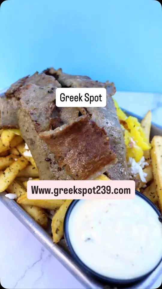 The Greek Spot in Cape Coral showing gyros, souvlaki, greek salads, loaded fries, video by The Greek Spot on Facebook