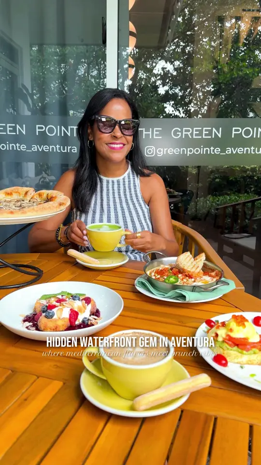 The Green Pointe Restaurant - Aventura in Aventura showing restaurant, waterfront setting, marina views, outdoor patio, weekend brunch, bottomless mimosas, shakshuka, pizzas, video by fashion.eat.travel on TikTok