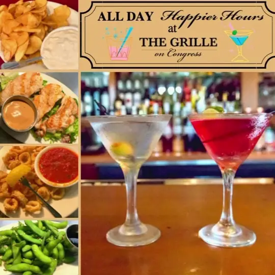 The Grille on Congress in Boca Raton showing happy hour, discounted beer, wine, cocktails, bar bites, video by The Grille on Congress on Facebook