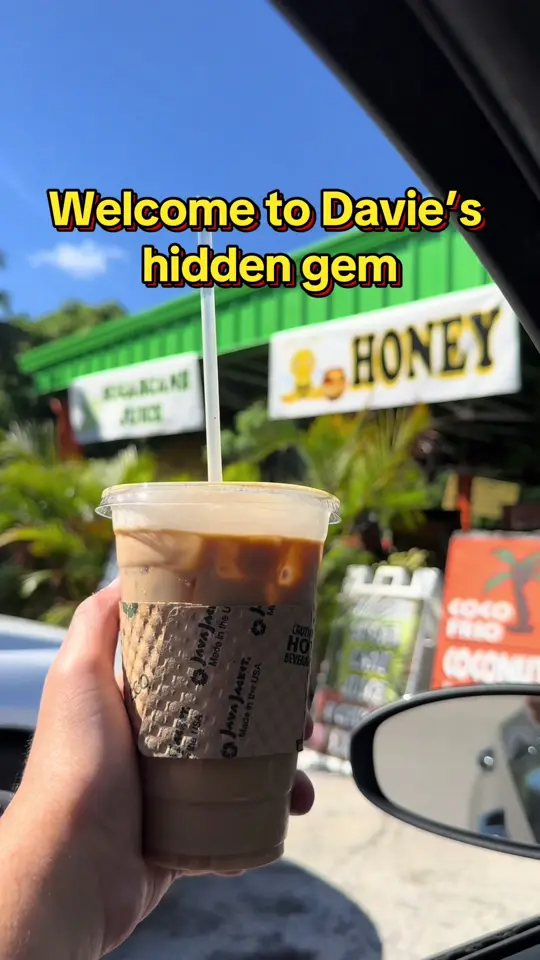 The Groves Coffee House in Davie showing coffee, cookie butter latte, coconut water, sandwiches, honey, smoothies, alligator meat, video by lougotbites on TikTok