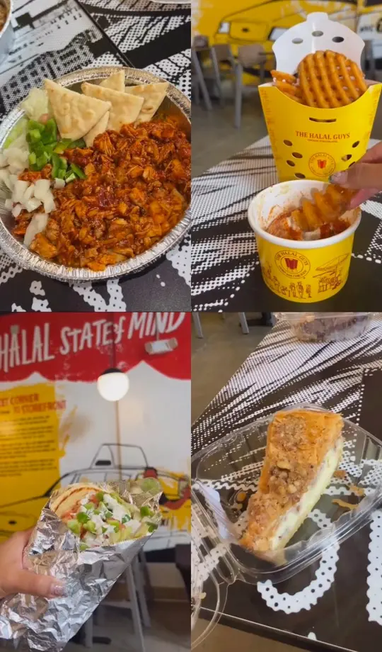 The Halal Guys in Chamblee showing food, spicy bbq chicken platter, waffle fries, lamb and beef sandwich, baklava cheesecake, video by The Halal Guys on Facebook
