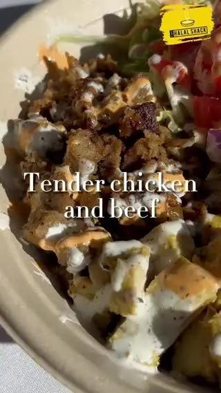 The Halal Shack in Albany showing food, beef & chicken rice bowl, video by University Auxiliary Services at Albany on Facebook