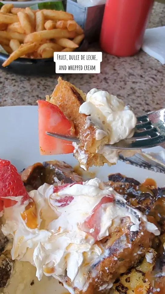 The Hush Cuban kitchen & bar in Clayton showing review, visit, food, french toast, dulce de leche french toast, french fries, video by random_rican on TikTok