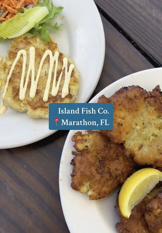 The Island Fish Co. Restaurant & Tiki Bar in Marathon showing food, conch fritters, video by selenalissettefernandez on TikTok