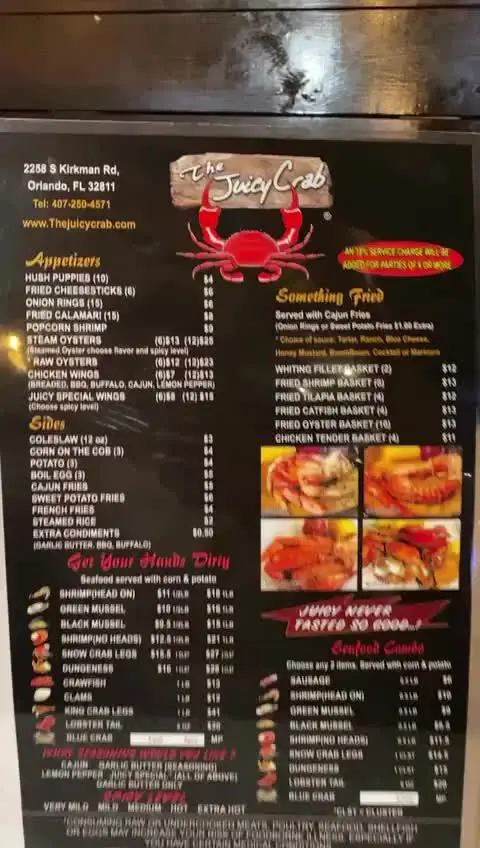 The Juicy Crab in Douglasville showing seafood menu, spice level, seafood boils, video by thejuicycrab on TikTok