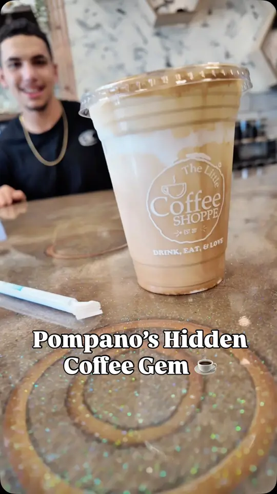 The Little Coffee Shoppe in Pompano Beach showing review, coffee, mocha, in-house roasting, video by Coral Delagneau on Facebook