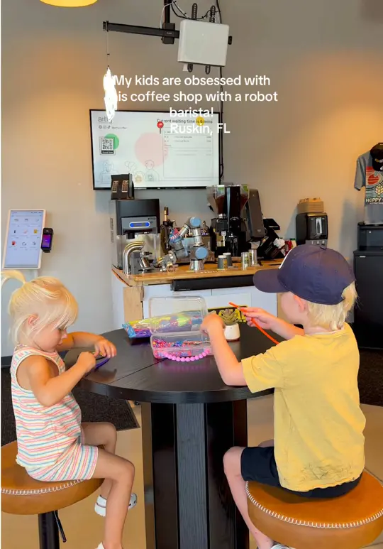  in Florida showing coffee, robot barista, matcha, kids drink menu, family outing, video by rechaelroe7 on TikTok