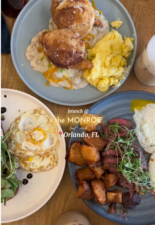 The Monroe in Orlando showing food, giant cinnamon roll, coffee, café con leche, coffee, vanilla latte w/ marshmallow cold foam, food, steak & eggs, food, biscuits & gravy, food, avocado, video by emeraldcoastellie on TikTok