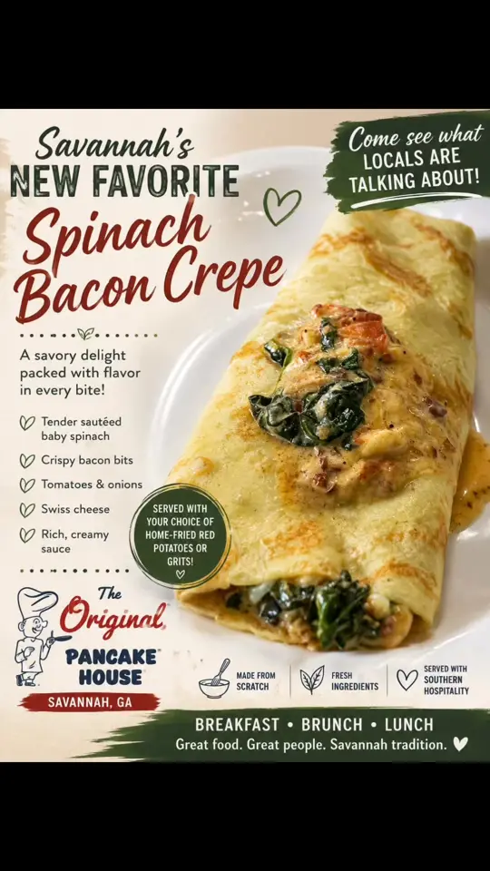 The Original Pancake House in Savannah showing food, spinach bacon crepe, video by The Original Pancake House - Savannah on Facebook
