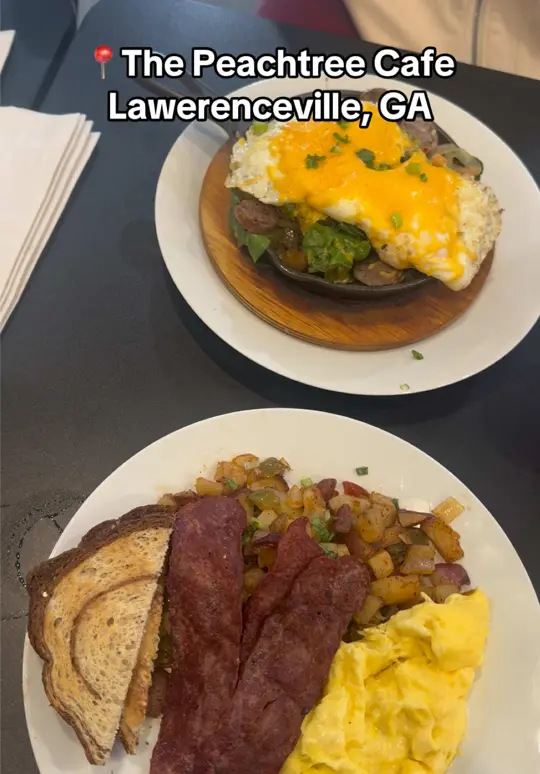 The Peachtree Cafe in Lawrenceville showing brunch, peachtree skillet, egg plate, turkey bacon, rye toast, home fries, video by atlantaeveryday on TikTok