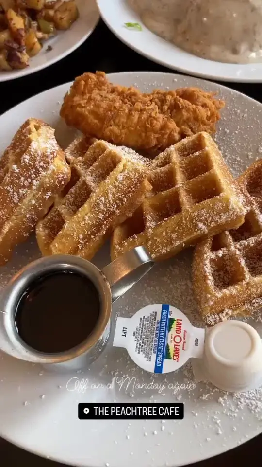 The Peachtree Cafe in Lawrenceville showing review, visit, waffles, chicken, video by phamleeeats on TikTok