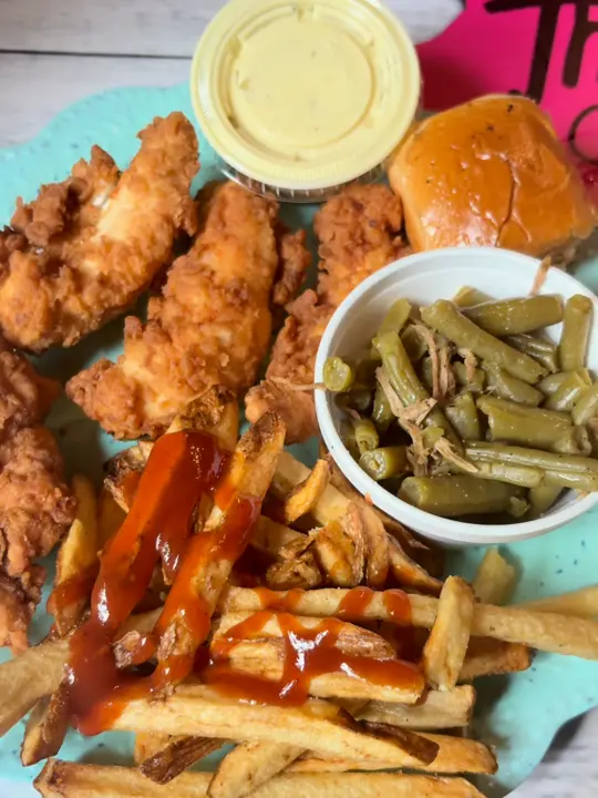 The Pink Pig in Cherry Log showing restaurant, southern bbq, fried pickles, garlic salad, slow-smoked pork plates, video by pickellijay on TikTok