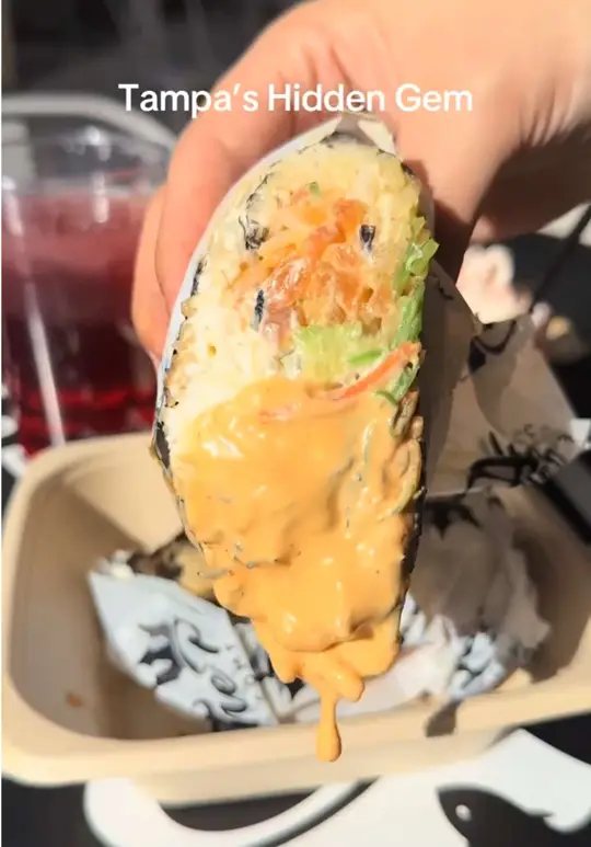 The Poké Company in Wellington showing food, steak poke bowl, salmon poke bowl, guac, spicy salmon burrito, strawberry dragonfruit, video by tampaiman on TikTok