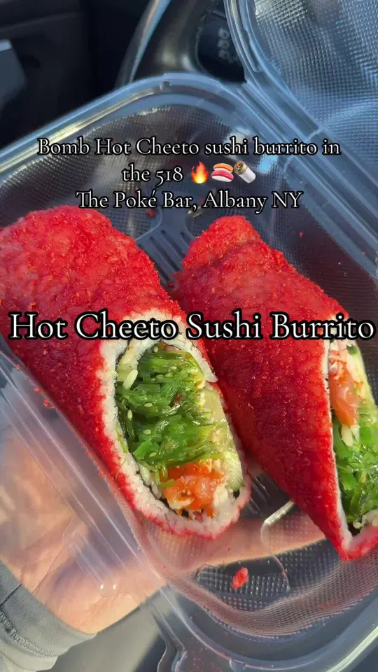 The Poké Bar in Albany showing poke bowl, sushi burrito, video by elizabethsommersbeauty on TikTok