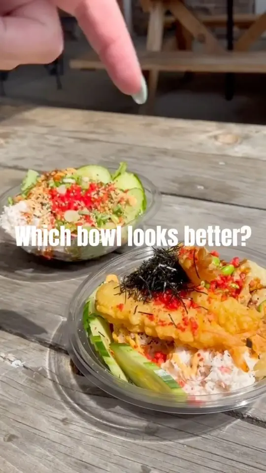 The Poké Bar in Albany showing poke bowl, volcano bowl, shrimp tempura bowl, video by The Poké Bar on Facebook