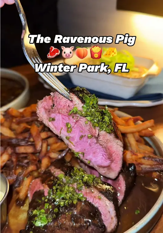 The Ravenous Pig Beer Garden in Winter Park showing restaurant, dinner deal, appetizer, entree, dessert, wine pairing, video by orlandofoodfinders on TikTok