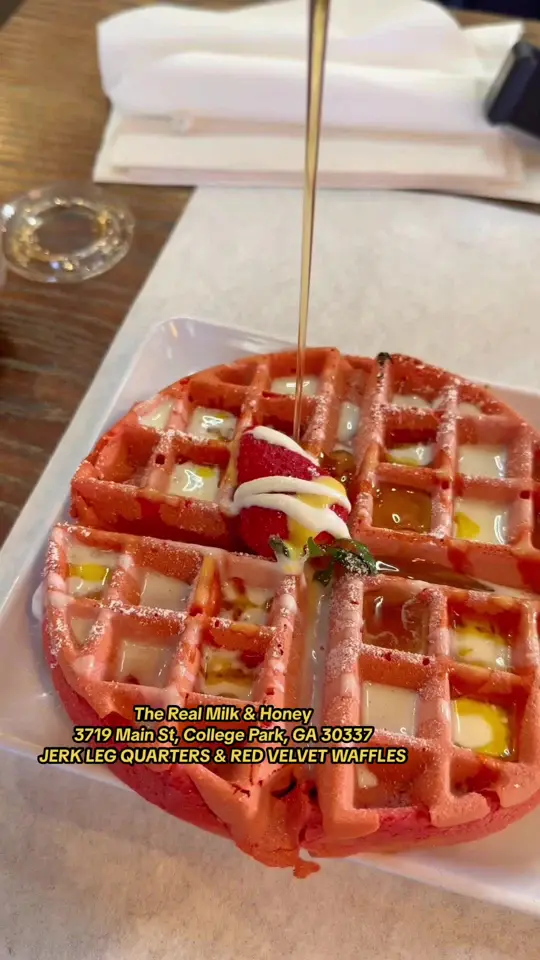The Real Milk & Honey in College Park showing jerk leg quarters, red velvet waffles, video by themunchiezfoodshow on TikTok