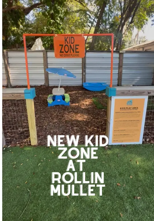 The Rollin' Mullet in Tampa showing review, visit, kid zone, outdoor seating, airstream food, video by toddlerfriendlytampabay on TikTok