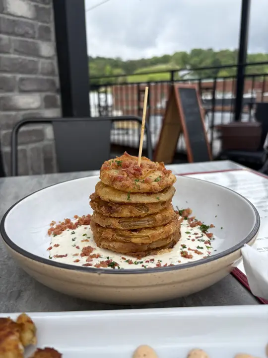 The Roof Ellijay in Ellijay showing rooftop restaurant, southern-style meal, fried green tomatoes, shrimp cakes, bologna sliders, bacardi blueberry mojito, sprig & berry, video by Pick Ellijay on Facebook