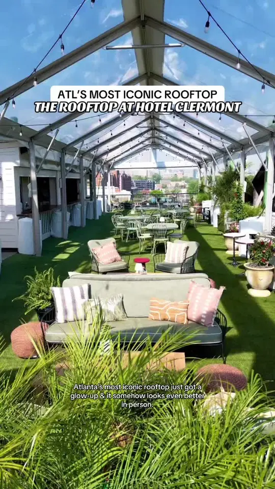 The Rooftop at Clermont in Atlanta showing cocktail, rooftop taco truck, video by atlbucketlist on TikTok