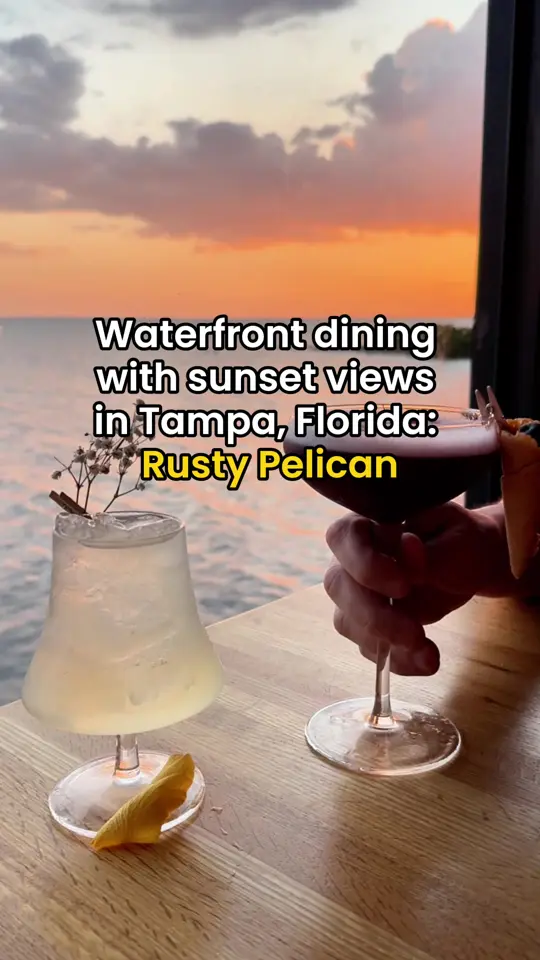 The Rusty Pelican in Tampa showing review, visit, seafood tower, cocktails, cornbread, french onion soup, caesar salad, salmon, surf & turf, video by thatssotampa on TikTok