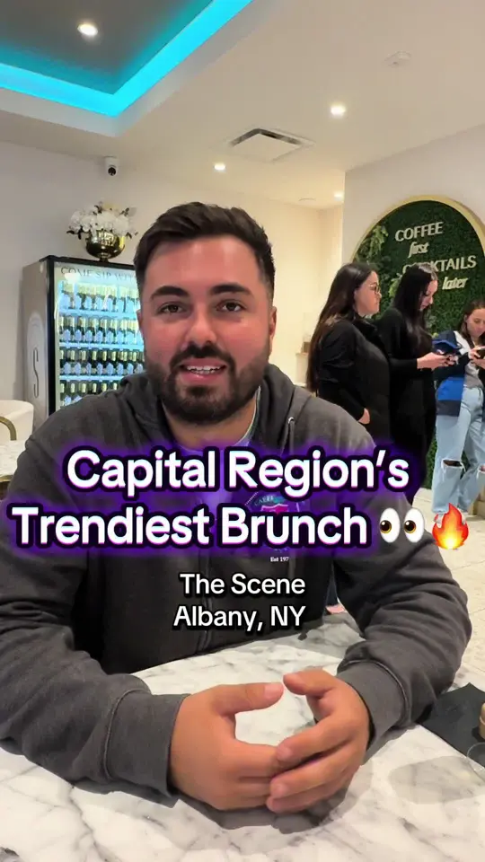 The Scene Coffee & Cocktails in Albany showing review, brunch, breakfast sandwich, french toast, video by domcreviews on TikTok