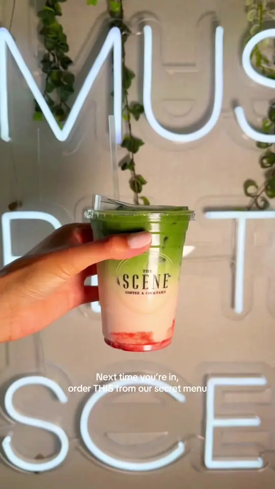 The Scene Coffee & Cocktails in Albany showing coffee, strawberry matcha latte, video by scenecoffee_518 on TikTok