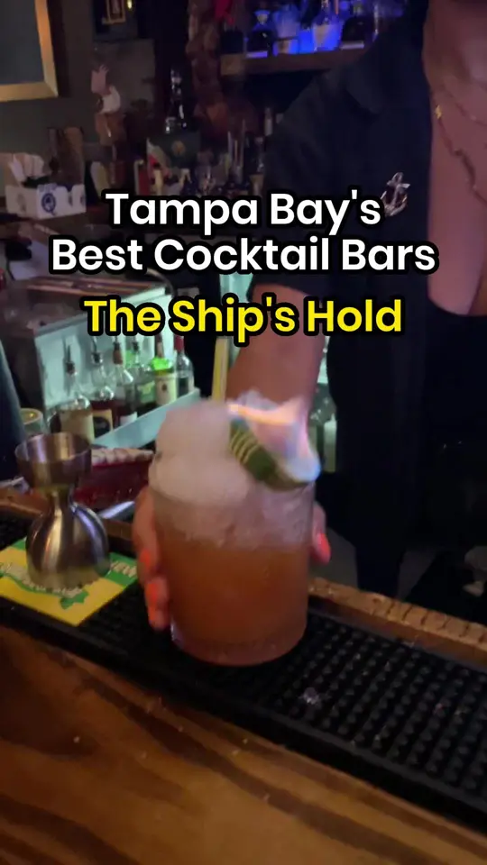 The Ship's Hold in St. Petersburg showing cocktail, rum, amaro, bar atmosphere, review, visit, video by ilovetheburgstpete on TikTok