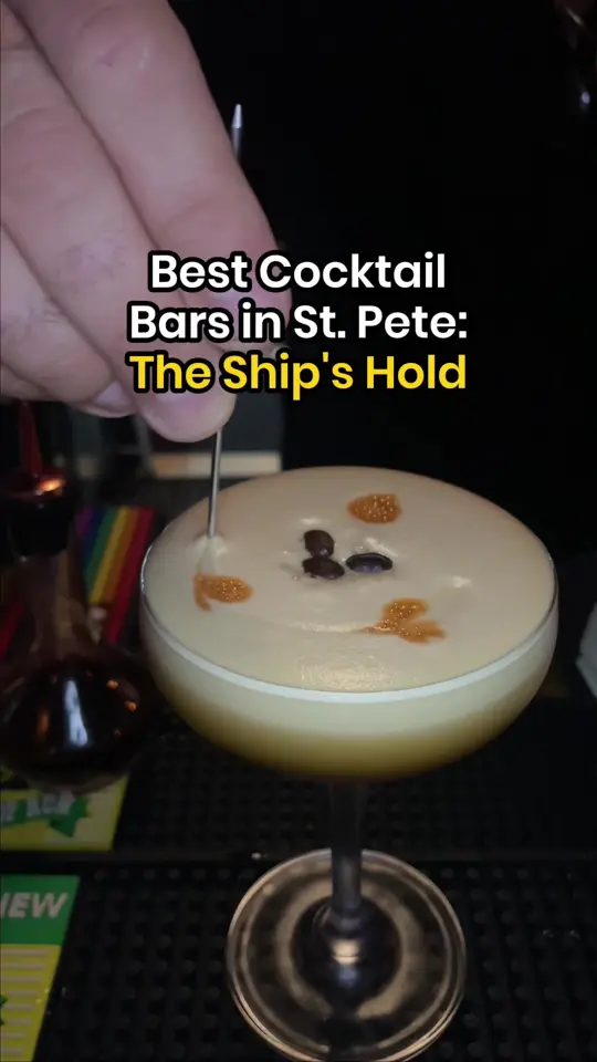 The Ship's Hold in St. Petersburg showing cocktail, 6-amaro espresso martini, glass bottomed ego, the princess and the pea, hoisin poison, spirit free safe passage, video by ilovetheburgstpete on TikTok