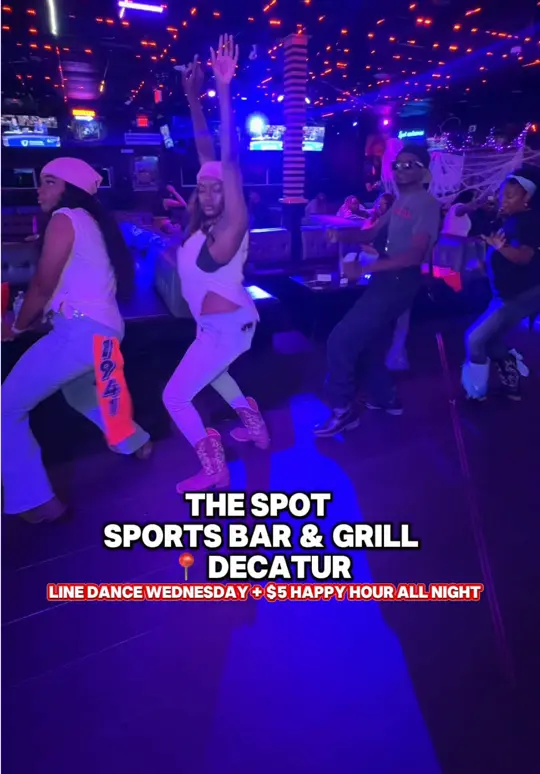 The Spot Sports Bar and Grill in Decatur showing review, visit, atmosphere, food, fried shrimp, spinach dip, blackened salmon, lamb chops, drinks, peach marg, video by twocentsliyah on TikTok