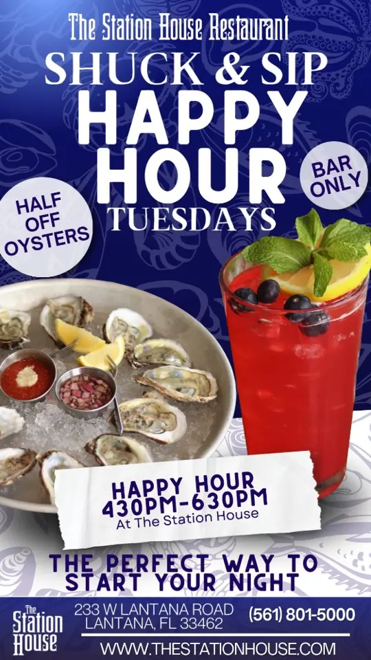 The Station House Restaurant in Lantana showing happy hour, half-off oysters, handcrafted cocktails, video by The Station House Restaurant on Facebook