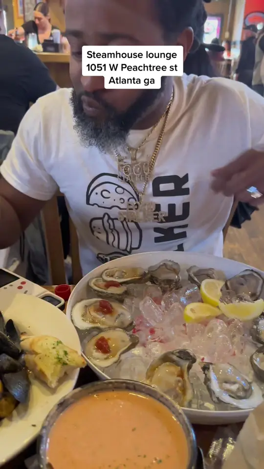 The Steamhouse Lounge in Atlanta showing lobster bisque, oysters, video by therealfoodstalker on TikTok