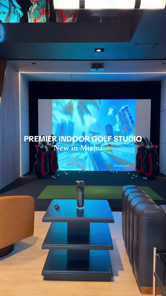 The Tips Golf in Miami showing indoor golf, trackman simulators, cocktails, caribbean transfusion, steak tacos, bbq flatbreads, shrimp cocktail, sugared donuts, video by fashion.eat.travel on TikTok
