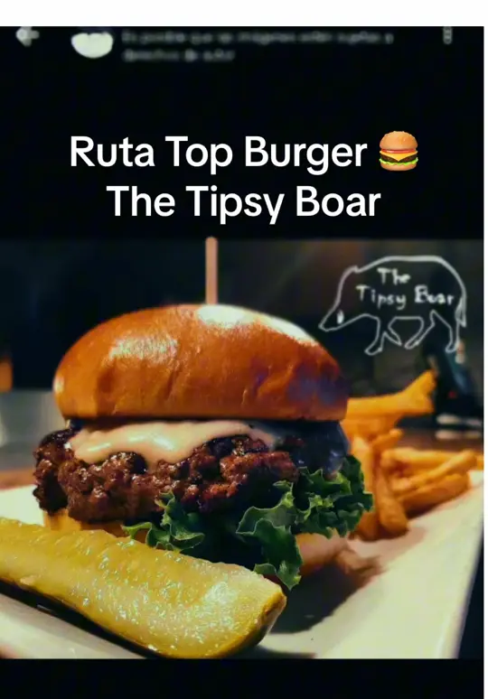 The Tipsy Boar in Hollywood showing review, hamburger, video by elparcerecomienda on TikTok
