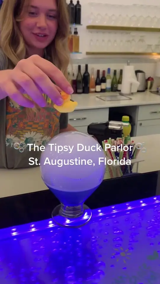 The Tipsy Duck Parlor in St. Augustine showing sip-and-shop, soda and wine bar, bath products, scent stations, scrubs, lotions, video by totallystaugustine on TikTok
