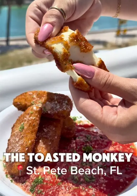 The Toasted Monkey in St. Pete Beach showing food, crispy mozzarella sticks / food, tropical caprese / food, island mahi / food, the crunch / food, pineapple flan, video by eatlocalflorida on TikTok