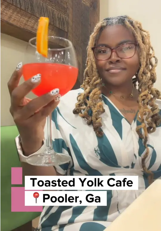The Toasted Yolk Cafe- Savannah in Savannah showing brunch, strawberry mimosa, food review, video by j.chantel on TikTok