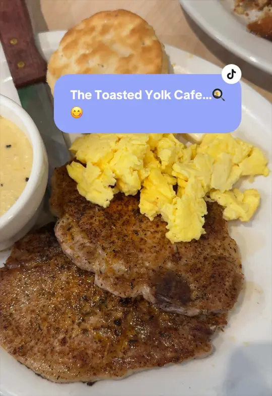 The Toasted Yolk Cafe in The Villages showing review, visit, video by yassanders on TikTok