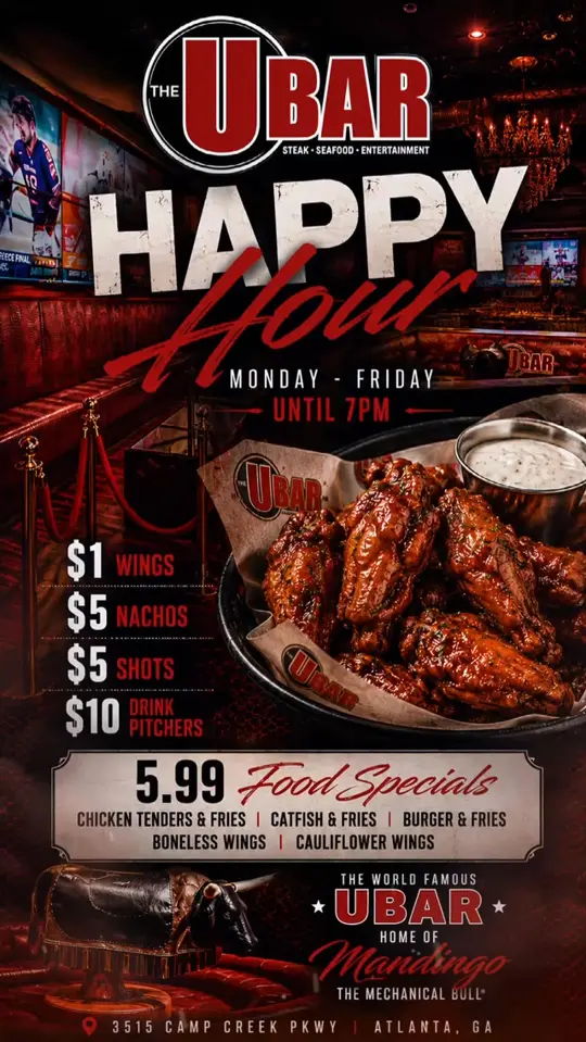 The U Bar in East Point showing happy hour, food specials, wings, nachos, shots, pitchers, video by The U Bar on Facebook