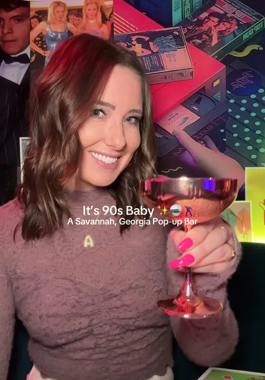 The Vinyl Room in Savannah showing visit, atmosphere, 90s inspired decor, throwback tunes, cocktails, call me beep me, spice girl, video by thelongweekender on TikTok