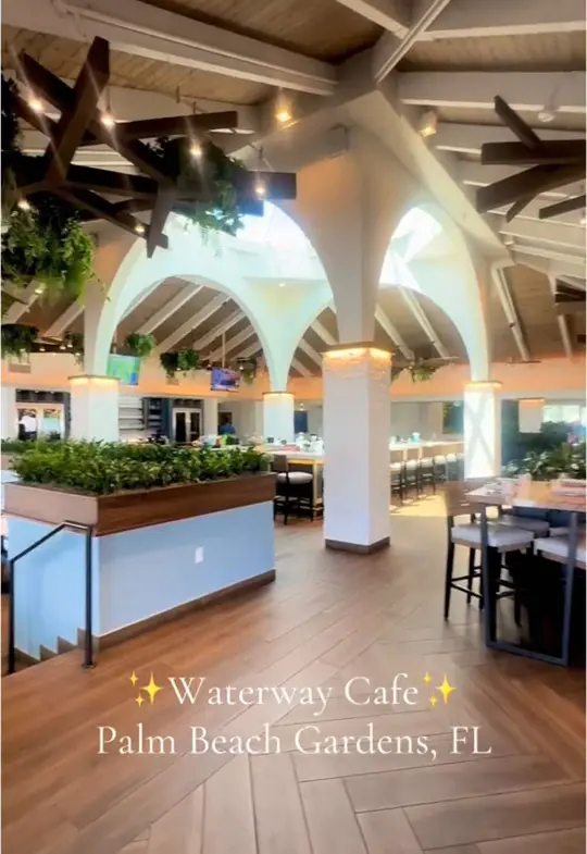 The Waterway Cafe in Palm Beach Gardens showing restaurant visit, lunch, video by tastewithtiz on TikTok