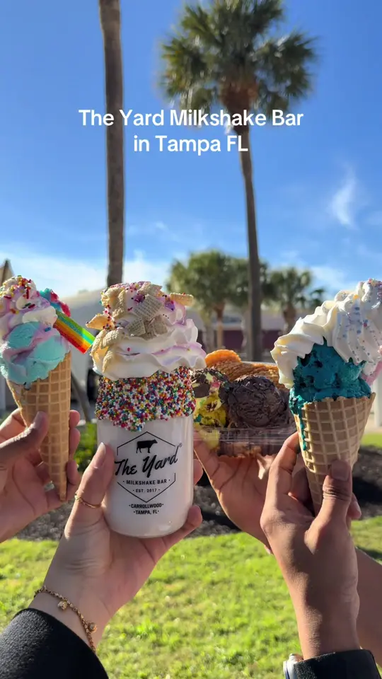 The Yard Milkshake Bar Tampa in Tampa showing food, rainbow snow milkshake, unicorn milkshake, mermaid loaded cones, ice cream nachos, video by tampaiman on TikTok