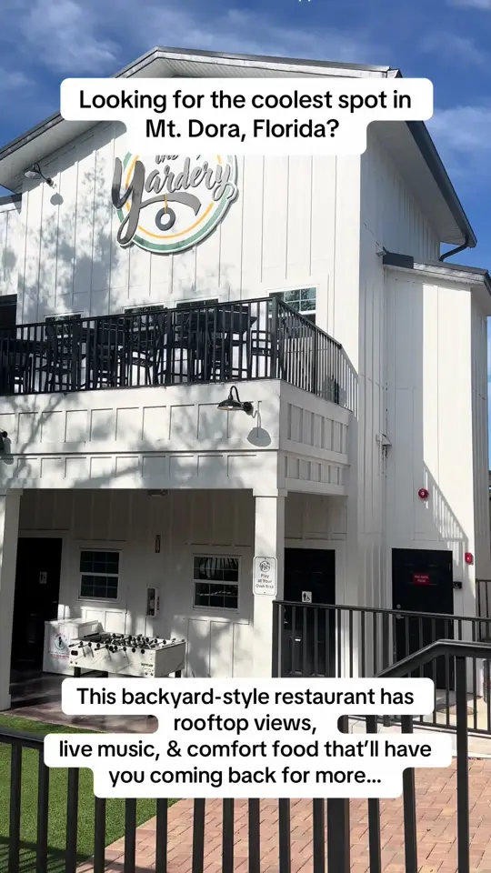 The Yardery in Mount Dora showing visit, atmosphere, string lights, lawn games, live music, sunset views, video by alieonthego on TikTok