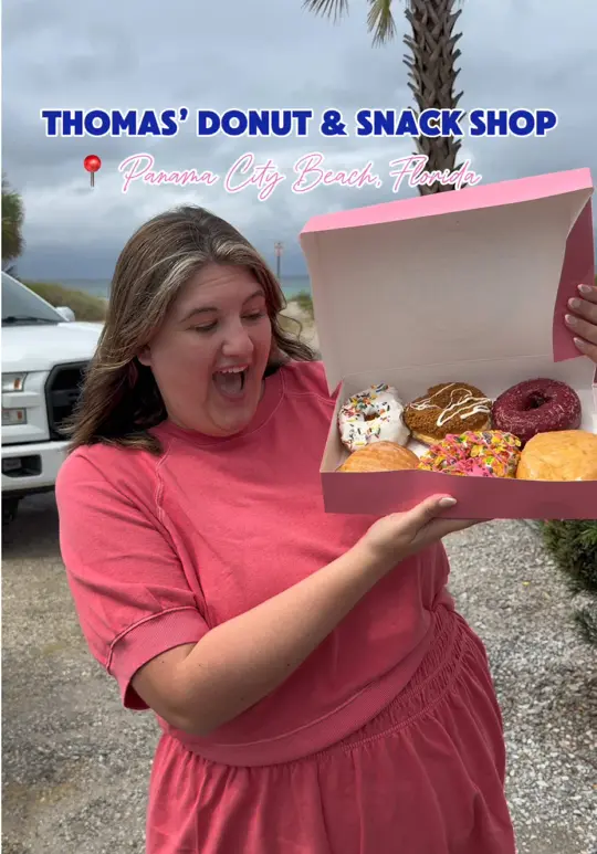 Thomas Donut & Snack Shop in Panama City Beach showing donuts, cookie butter donut, fruity pebbles donut, lemon filled donut, vanilla sprinkled donut, key lime filled donut, video by mangiawithtay on TikTok
